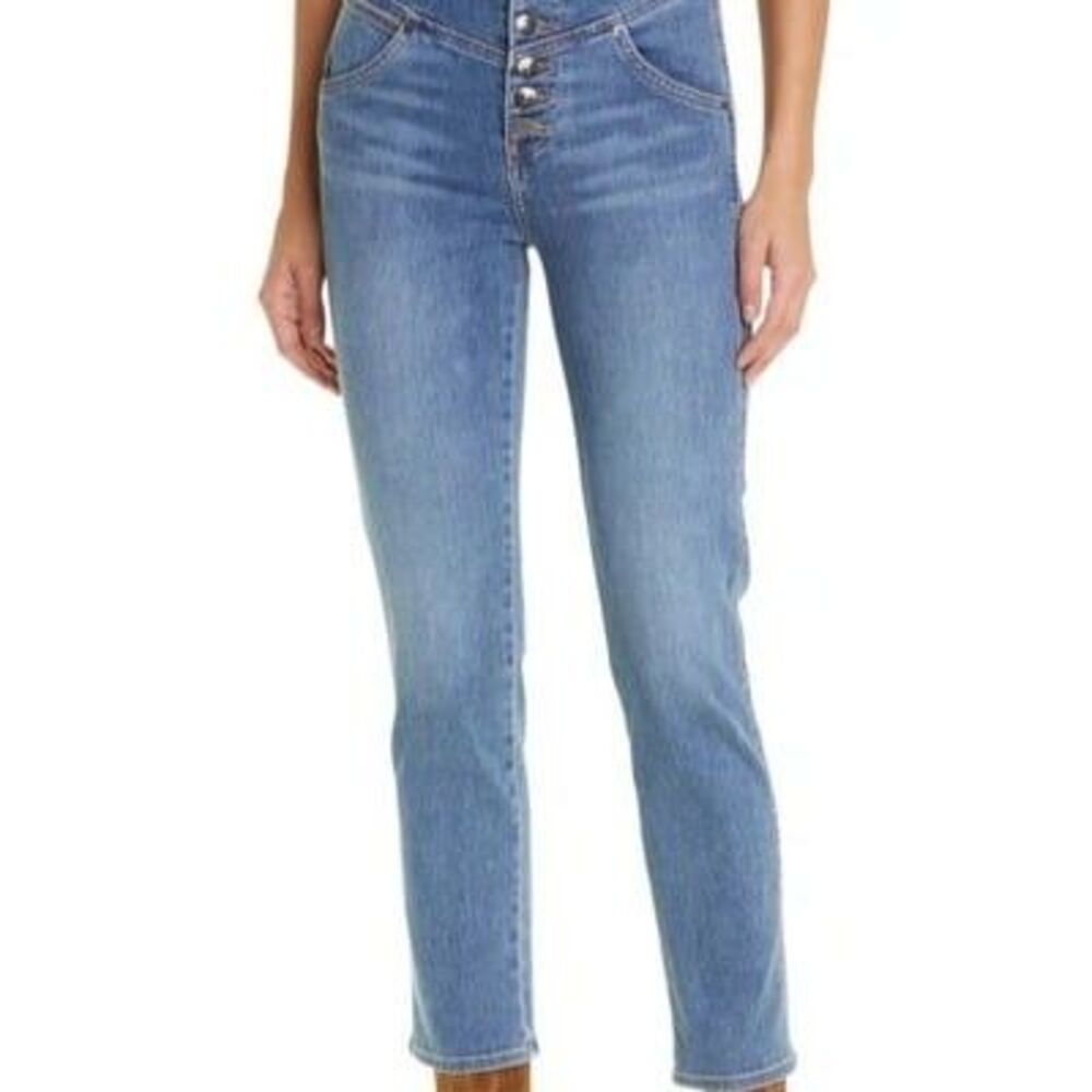 Express Cropped Flare Super High Rise Exposed Button Fly Medium Denim Jeans 8